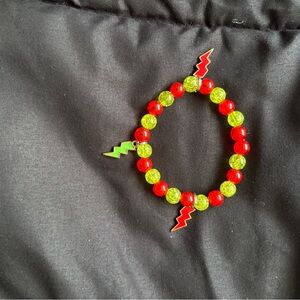 Red and Green Beaded Bracelet with Lightning Charms